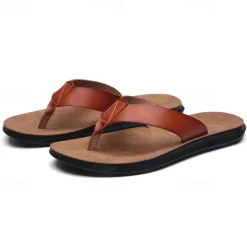 Men's Brown Faux Leather Flip Flops - Casual Open-Toe Summer Sandals with Comfortable Sole for Beach and Everyday Wear