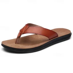 Men's Brown Faux Leather Flip Flops - Casual Open-Toe Summer Sandals with Comfortable Sole for Beach and Everyday Wear