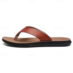 Men's Brown Faux Leather Flip Flops - Casual Open-Toe Summer Sandals with Comfortable Sole for Beach and Everyday Wear