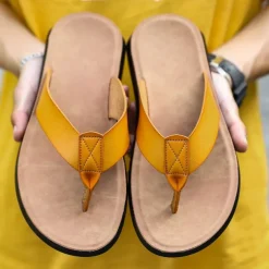 Men's Brown Faux Leather Flip Flops - Casual Open-Toe Summer Sandals with Comfortable Sole for Beach and Everyday Wear