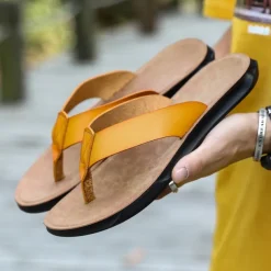 Men's Brown Faux Leather Flip Flops - Casual Open-Toe Summer Sandals with Comfortable Sole for Beach and Everyday Wear