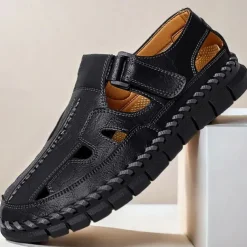 Men's Brown Faux Leather Fisherman Sandals with Velcro Strap, Breathable Design and Comfortable Sole for Summer, Outdoor Activities and Beach Wear