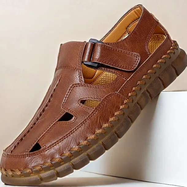 Men's Brown Faux Leather Fisherman Sandals with Velcro Strap, Breathable Design and Comfortable Sole for Summer, Outdoor Activities and Beach Wear