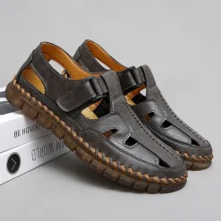 Men's Brown Faux Leather Fisherman Sandals with Velcro Strap, Breathable Design and Comfortable Sole for Summer, Outdoor Activities and Beach Wear