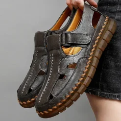 Men's Brown Faux Leather Fisherman Sandals with Velcro Strap, Breathable Design and Comfortable Sole for Summer, Outdoor Activities and Beach Wear