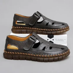 Men's Brown Faux Leather Fisherman Sandals with Velcro Strap, Breathable Design and Comfortable Sole for Summer, Outdoor Activities and Beach Wear