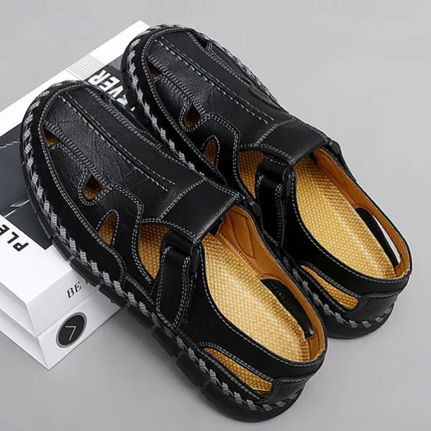 Men's Brown Faux Leather Fisherman Sandals with Velcro Strap, Breathable Design and Comfortable Sole for Summer, Outdoor Activities and Beach Wear