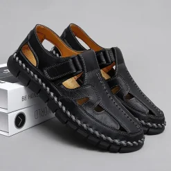 Men's Brown Faux Leather Fisherman Sandals with Velcro Strap, Breathable Design and Comfortable Sole for Summer, Outdoor Activities and Beach Wear