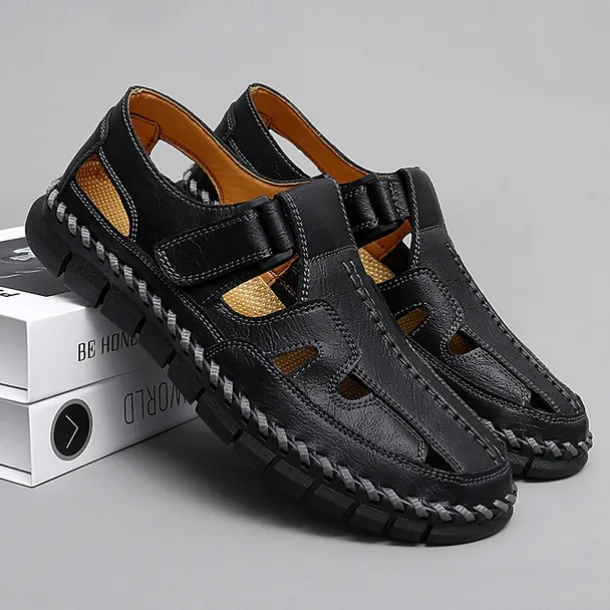 Men's Brown Faux Leather Fisherman Sandals with Velcro Strap, Breathable Design and Comfortable Sole for Summer, Outdoor Activities and Beach Wear