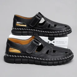 Men's Brown Faux Leather Fisherman Sandals with Velcro Strap, Breathable Design and Comfortable Sole for Summer, Outdoor Activities and Beach Wear