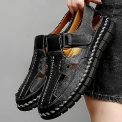 Men's Brown Faux Leather Fisherman Sandals with Velcro Strap, Breathable Design and Comfortable Sole for Summer, Outdoor Activities and Beach Wear