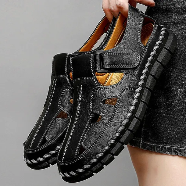 Men's Brown Faux Leather Fisherman Sandals with Velcro Strap, Breathable Design and Comfortable Sole for Summer, Outdoor Activities and Beach Wear