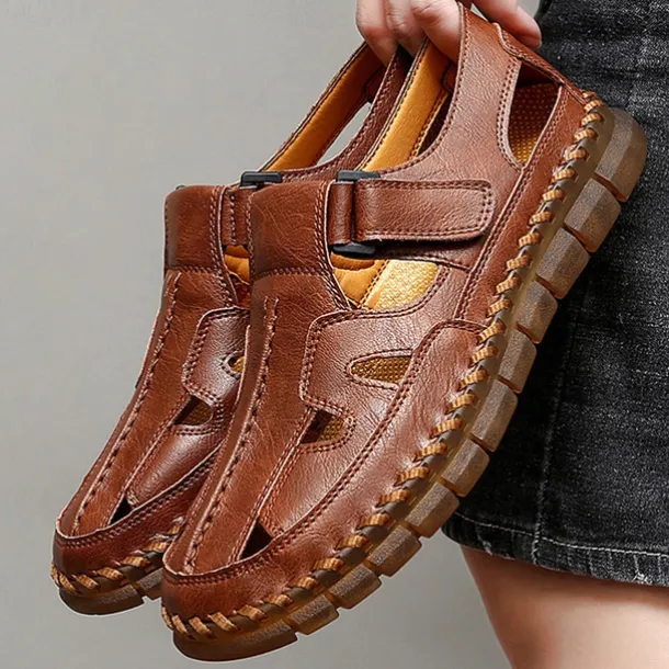 Men's Brown Faux Leather Fisherman Sandals with Velcro Strap, Breathable Design and Comfortable Sole for Summer, Outdoor Activities and Beach Wear