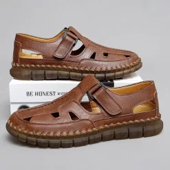 Men's Brown Faux Leather Fisherman Sandals with Velcro Strap, Breathable Design and Comfortable Sole for Summer, Outdoor Activities and Beach Wear