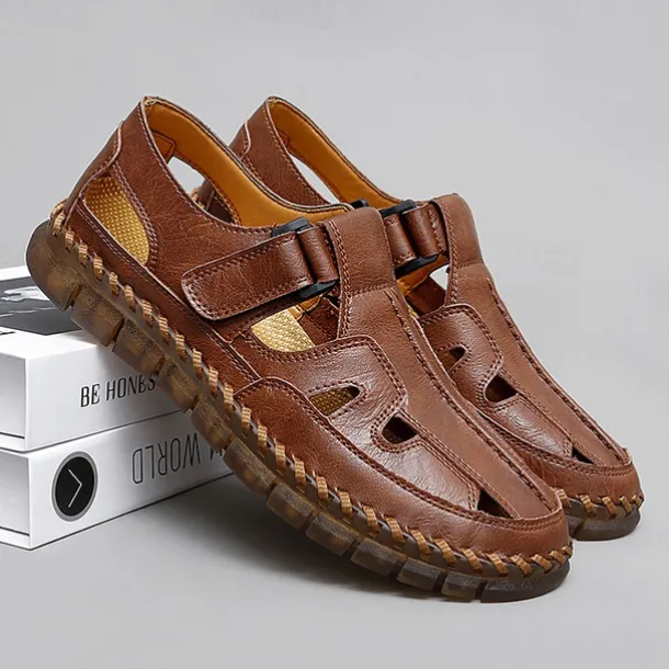 Men's Brown Faux Leather Fisherman Sandals with Velcro Strap, Breathable Design and Comfortable Sole for Summer, Outdoor Activities and Beach Wear