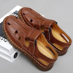 Men's Brown Faux Leather Fisherman Sandals with Velcro Strap, Breathable Design and Comfortable Sole for Summer, Outdoor Activities and Beach Wear