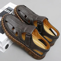 Men's Brown Faux Leather Fisherman Sandals with Velcro Strap, Breathable Design and Comfortable Sole for Summer, Outdoor Activities and Beach Wear