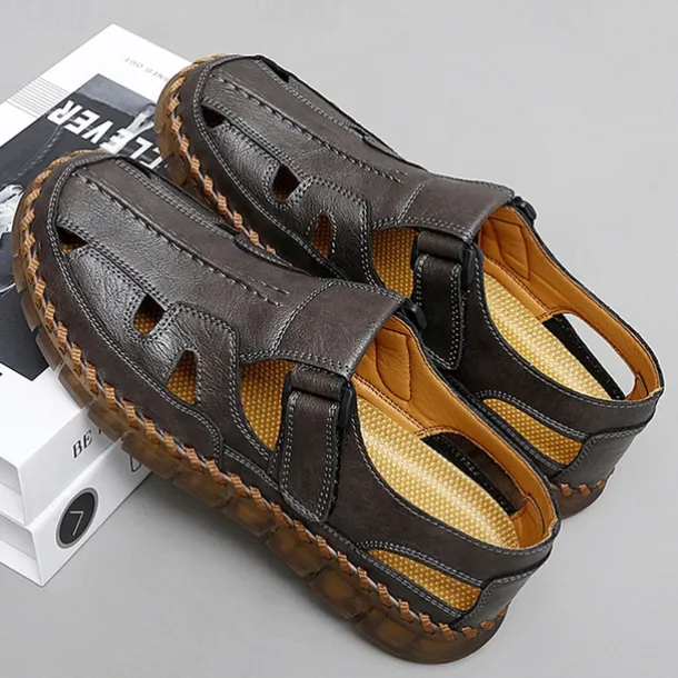 Men's Brown Faux Leather Fisherman Sandals with Velcro Strap, Breathable Design and Comfortable Sole for Summer, Outdoor Activities and Beach Wear