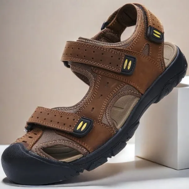 Men's Brown Faux Leather Hiking Sandals - Adjustable Straps, Closed-Toe Design, Anti-Slip Sole, Durable Outdoor Footwear for Summer Trekking