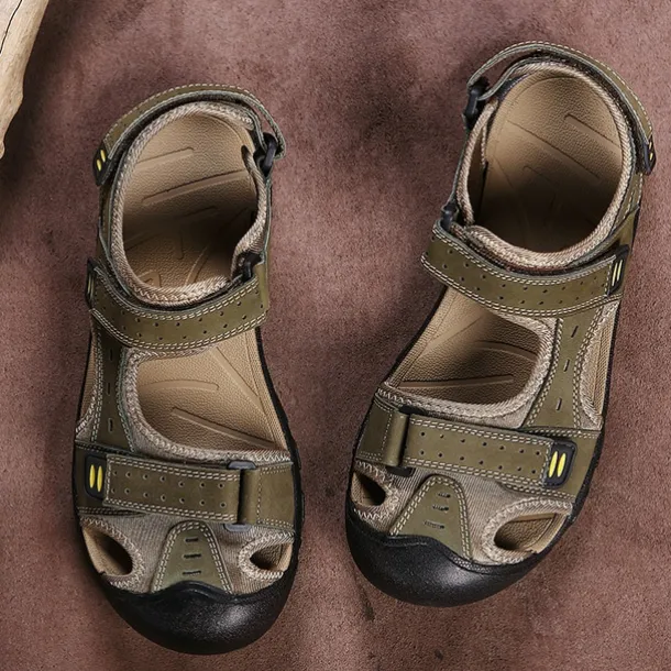 Men's Brown Faux Leather Hiking Sandals - Adjustable Straps, Closed-Toe Design, Anti-Slip Sole, Durable Outdoor Footwear for Summer Trekking