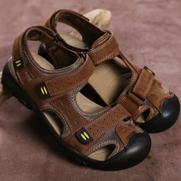 Men's Brown Faux Leather Hiking Sandals - Adjustable Straps, Closed-Toe Design, Anti-Slip Sole, Durable Outdoor Footwear for Summer Trekking