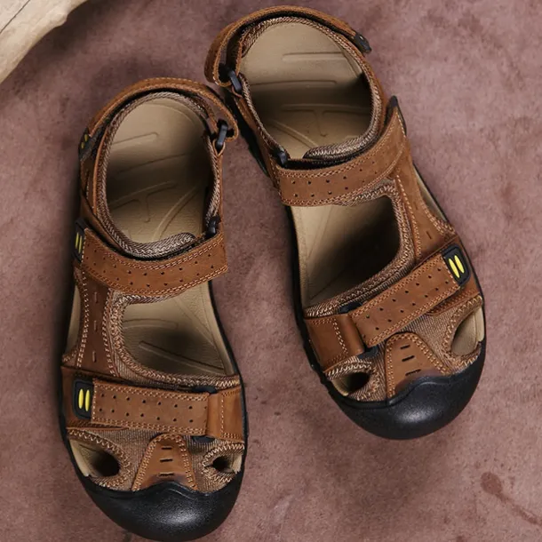 Men's Brown Faux Leather Hiking Sandals - Adjustable Straps, Closed-Toe Design, Anti-Slip Sole, Durable Outdoor Footwear for Summer Trekking