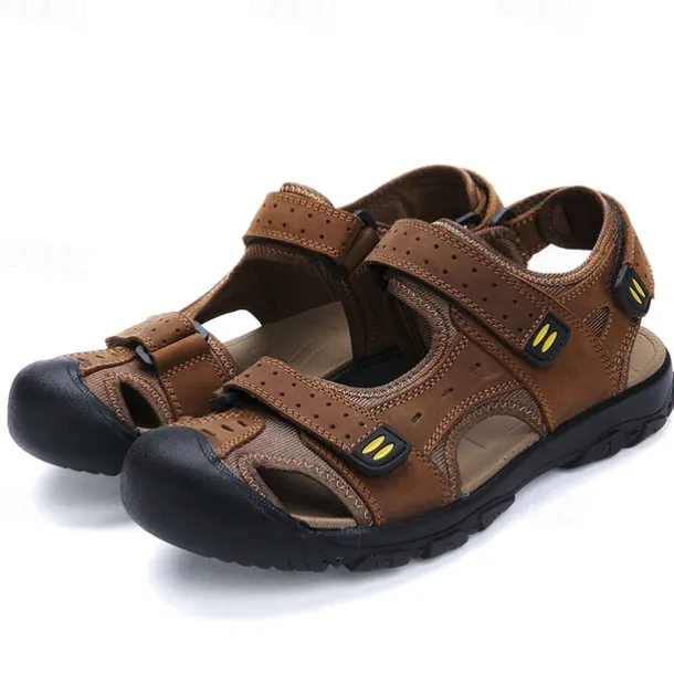 Men's Brown Faux Leather Hiking Sandals - Adjustable Straps, Closed-Toe Design, Anti-Slip Sole, Durable Outdoor Footwear for Summer Trekking