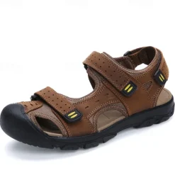 Men's Brown Faux Leather Hiking Sandals - Adjustable Straps, Closed-Toe Design, Anti-Slip Sole, Durable Outdoor Footwear for Summer Trekking