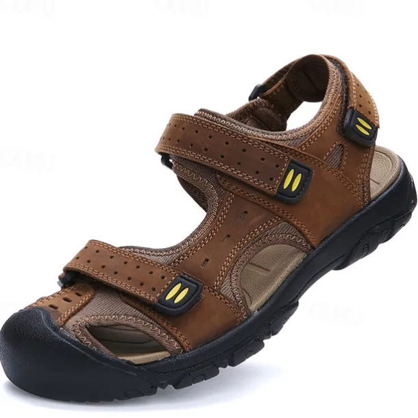 Men's Brown Faux Leather Hiking Sandals - Adjustable Straps, Closed-Toe Design, Anti-Slip Sole, Durable Outdoor Footwear for Summer Trekking