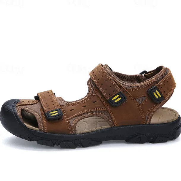 Men's Brown Faux Leather Hiking Sandals - Adjustable Straps, Closed-Toe Design, Anti-Slip Sole, Durable Outdoor Footwear for Summer Trekking