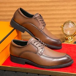 Men's Brown Faux Leather Lace-Up Dress Shoes with Woven Detail, Classic Formal Style, Comfortable for Weddings and Business Events
