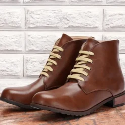 Men's Brown Faux Leather Lace-Up Ankle Boots – Stylish and Durable Casual Footwear for Outdoor and Everyday Wear