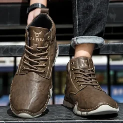 Men's Brown Faux Leather Lace-Up Ankle Boots | Durable Outdoor Footwear with Non-Slip Sole for Hiking and Casual Wear