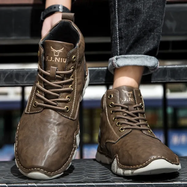 Men's Brown Faux Leather Lace-Up Ankle Boots | Durable Outdoor Footwear with Non-Slip Sole for Hiking and Casual Wear