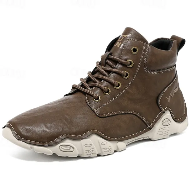 Men's Brown Faux Leather Lace-Up Ankle Boots | Durable Outdoor Footwear with Non-Slip Sole for Hiking and Casual Wear