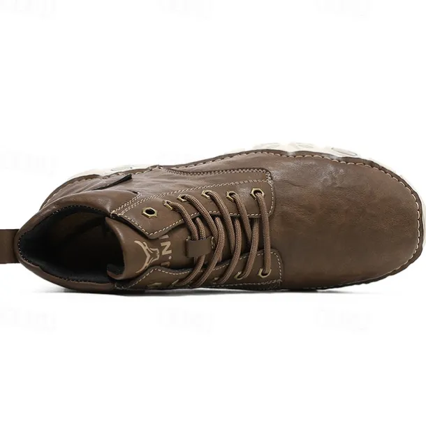Men's Brown Faux Leather Lace-Up Ankle Boots | Durable Outdoor Footwear with Non-Slip Sole for Hiking and Casual Wear