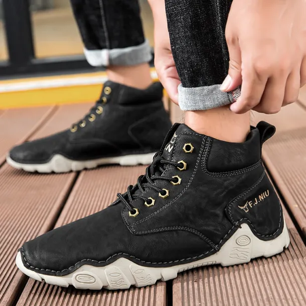Men's Brown Faux Leather Lace-Up Ankle Boots | Durable Outdoor Footwear with Non-Slip Sole for Hiking and Casual Wear