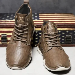 Men's Brown Faux Leather Lace-Up Ankle Boots | Durable Outdoor Footwear with Non-Slip Sole for Hiking and Casual Wear