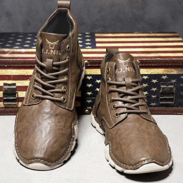 Men's Brown Faux Leather Lace-Up Ankle Boots | Durable Outdoor Footwear with Non-Slip Sole for Hiking and Casual Wear