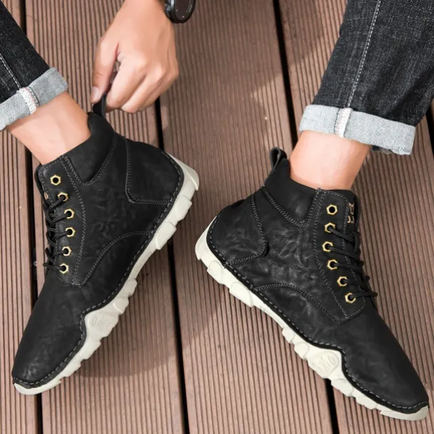 Men's Brown Faux Leather Lace-Up Ankle Boots | Durable Outdoor Footwear with Non-Slip Sole for Hiking and Casual Wear