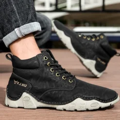 Men's Brown Faux Leather Lace-Up Ankle Boots | Durable Outdoor Footwear with Non-Slip Sole for Hiking and Casual Wear
