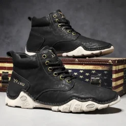 Men's Brown Faux Leather Lace-Up Ankle Boots | Durable Outdoor Footwear with Non-Slip Sole for Hiking and Casual Wear
