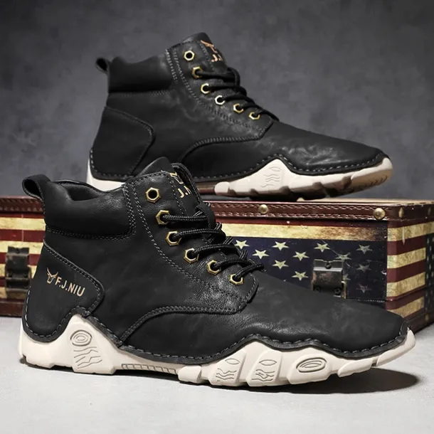 Men's Brown Faux Leather Lace-Up Ankle Boots | Durable Outdoor Footwear with Non-Slip Sole for Hiking and Casual Wear