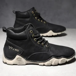 Men's Brown Faux Leather Lace-Up Ankle Boots | Durable Outdoor Footwear with Non-Slip Sole for Hiking and Casual Wear