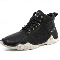Men's Brown Faux Leather Lace-Up Ankle Boots | Durable Outdoor Footwear with Non-Slip Sole for Hiking and Casual Wear