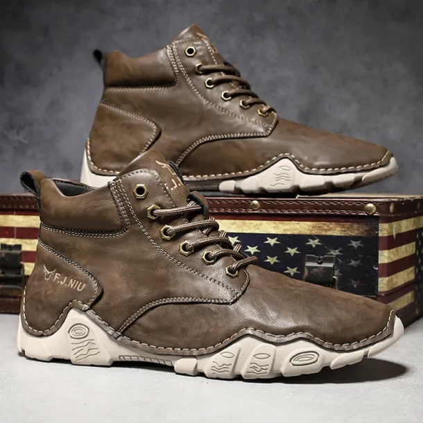 Men's Brown Faux Leather Lace-Up Ankle Boots | Durable Outdoor Footwear with Non-Slip Sole for Hiking and Casual Wear
