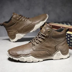 Men's Brown Faux Leather Lace-Up Ankle Boots | Durable Outdoor Footwear with Non-Slip Sole for Hiking and Casual Wear
