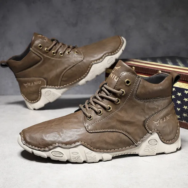 Men's Brown Faux Leather Lace-Up Ankle Boots | Durable Outdoor Footwear with Non-Slip Sole for Hiking and Casual Wear