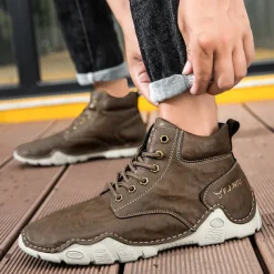 Men's Brown Faux Leather Lace-Up Ankle Boots | Durable Outdoor Footwear with Non-Slip Sole for Hiking and Casual Wear