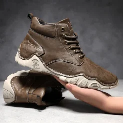 Men's Brown Faux Leather Lace-Up Ankle Boots | Durable Outdoor Footwear with Non-Slip Sole for Hiking and Casual Wear